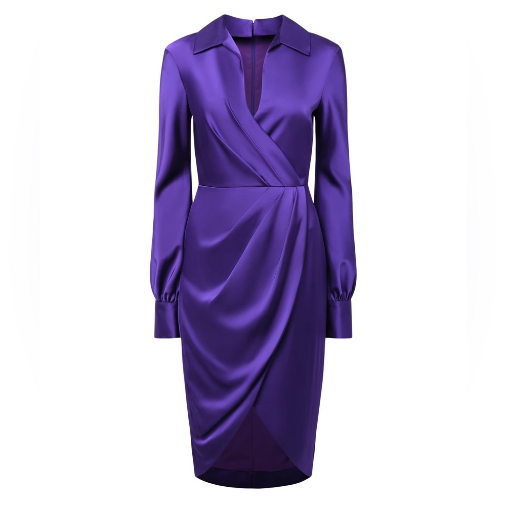 Theia Steph Satin Sheath Shirt Wrap Dress in Empress Purple NWT Size 8
